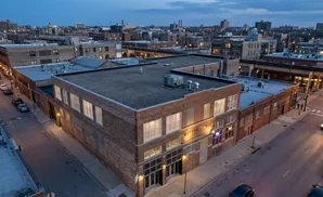 Aerial view of a brick building with 