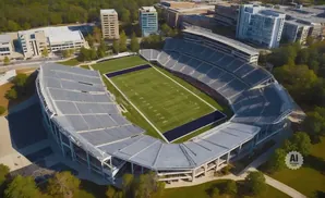 Aerial view of a large, empty American football stadium with tiered seating and a green field.