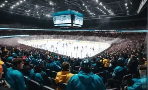Hockey game with players on ice and packed stands of cheering fans under arena lights.