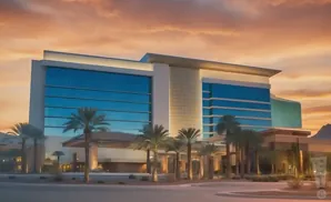 A modern hotel with blue glass windows stands against a sunset sky, framed by palm trees.
