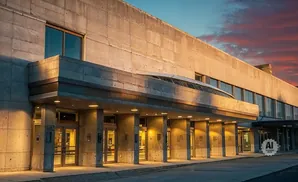 Modern concrete building entrance with glass doors and windows at sunset.