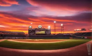 A baseball stadium at sunset with a vibrant orange and purple sky.