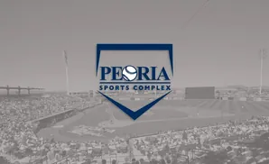 Peoria Sports Complex logo superimposed on a baseball stadium with spectators.