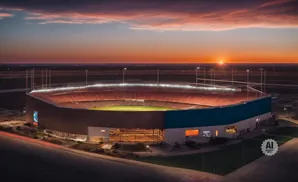 A stadium at sunset with a fiery orange and pink sky.
