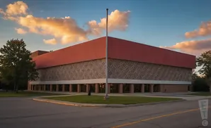 Modern building with red upper facade, patterned mid-section, and glass ground floor, under a blue sky with orange clouds.