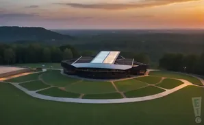 Modern building with a unique roof sits on a hill overlooking a forested landscape at sunset.