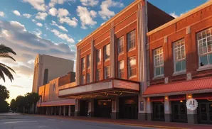 A vintage theater building with a marquee at sunset, under a sky with clouds and palm trees.