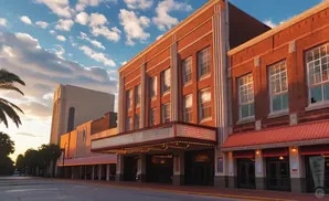 A historic brick theater with a marquee and awning stands on a street at sunset.