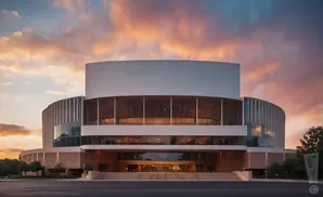Modern circular building with vertical fins and large glass windows against a colorful sunset sky.