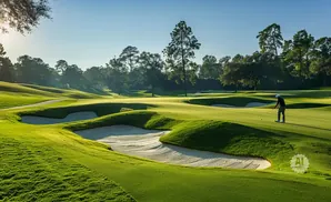A golfer putts on a lush green golf course with sand traps and trees under a clear blue sky.