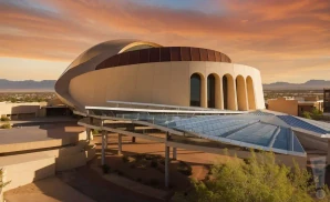 a photograph of the abraham chavez theatre in el paso, texas, captured at sunset. 