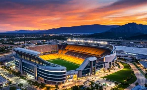 an exterior promotional venue picture of acrisure stadium with a sunset sky