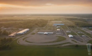 a professional promo picture of the allen county fairgrounds empty at sunset with clouds.