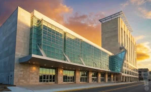 a photograph of alliant energy powerhouse in cedar rapids, iowa, captured at sunset.