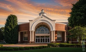 a photograph of the american music theatre in lancaster, pennsylvania, captured at sunset. 