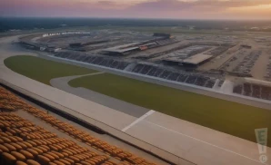 a realistic drone promo venue photograph of atlanta motor speedway at sunset.