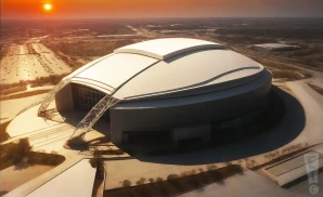 a realistic drone promo venue photograph of at&t stadium at sunset. 
