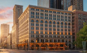 a photograph of the auditorium theatre in chicago, illinois, captured at sunset with warm, golden light illuminating the venue’s grand historic white facade.