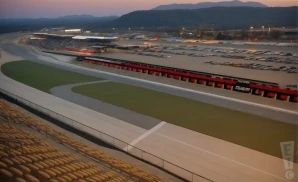 a realistic drone promo venue photograph of atlanta motor speedway at sunset.