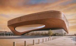 a promotional venue picture of the barclays center, in brooklyn at sunset