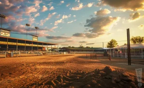 an exterior promotional venue picture of brent romick rodeo arena at sunset