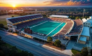 a hyper-realistic wide-angle aerial photograph of brooks stadium in conway, south carolina, captured at sunset with the golden light highlighting the stadium’s distinct open-air architecture.