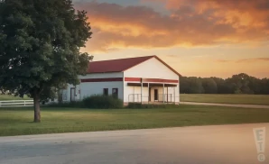 a professional promo picture of the brown county fairgrounds empty at sunset with clouds