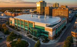 a cinematic ultra-realistic photograph of budweiser gardens in london, ontario, captured at sunset. 