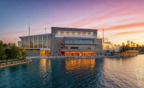 a photograph of budweiser stage in toronto, ontario, captured at sunset.
