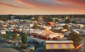 a professional promo picture of the canfield fairgrounds empty at sunset with clouds. 