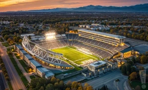 a hyper-realistic wide-angle aerial photograph of canvas stadium in fort collins, colorado, captured at sunset with golden light illuminating the venue’s sleek and modern architectural design. 