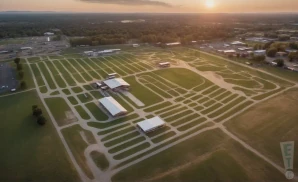 a professional promo picture of the carlisle fairgrounds empty at sunset with clouds. 