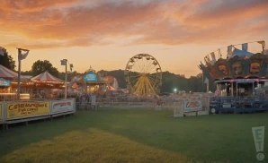 a professional promo picture of the cattaraugus county fair empty at sunset with clouds. 