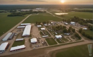a professional promo picture of the cedar county fairgrounds empty at sunset with clouds.