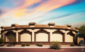 an exterior promotional venue picture of celebrity theatre az with a sunset sky
