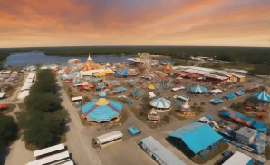 a professional promo picture of the central florida fairgrounds empty at sunset with clouds. 