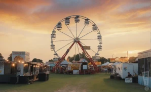 a professional promo picture of the chase county fair empty at sunset with clouds. 
