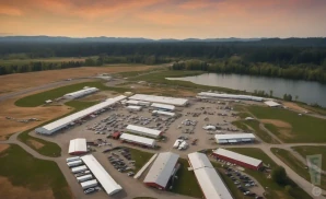 a professional promo picture of the clark county fairgrounds empty at sunset with clouds. 