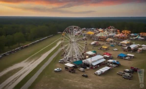 a professional promo picture of the clay county agricultural fair empty at sunset with clouds.