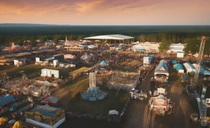 a professional promo picture of the clay county fair empty at sunset with clouds.