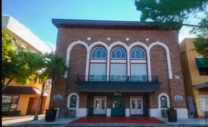 an exterior promotional venue picture of cocoa village playhouse with a sunset sky