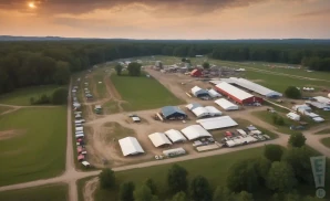 a professional promo picture of the crawford county fair empty at sunset with clouds. 