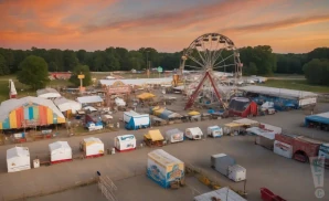 a professional promo picture of the cuyahoga county fairgrounds empty at sunset with clouds. 
