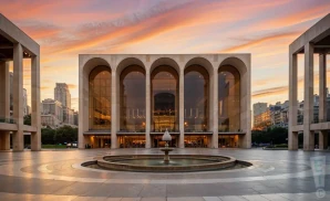 a photograph of lincoln center in new york city, captured at sunset.