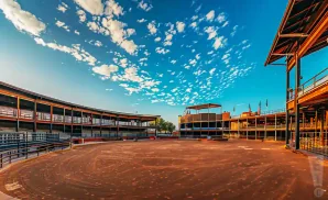 an ultra-realistic image of the days of 76 event center during the day