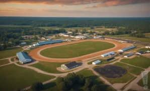 a professional promo picture of the delaware county fairgrounds empty at sunset with clouds. 