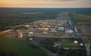 a professional promo picture of the delaware state fairgrounds empty at sunset with clouds. 