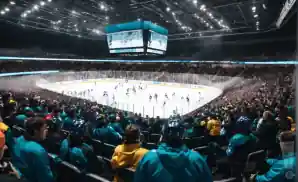 an interior picture of the desert diamond arena ice hockey court with a sold out match going on