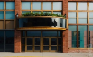 a realistic promo venue photograph of the detroit house of comedy at sunset