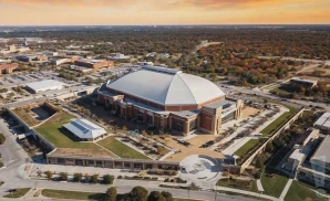 a cinematic ultra-realistic photograph of dickies arena in fort worth, texas, captured at sunset.